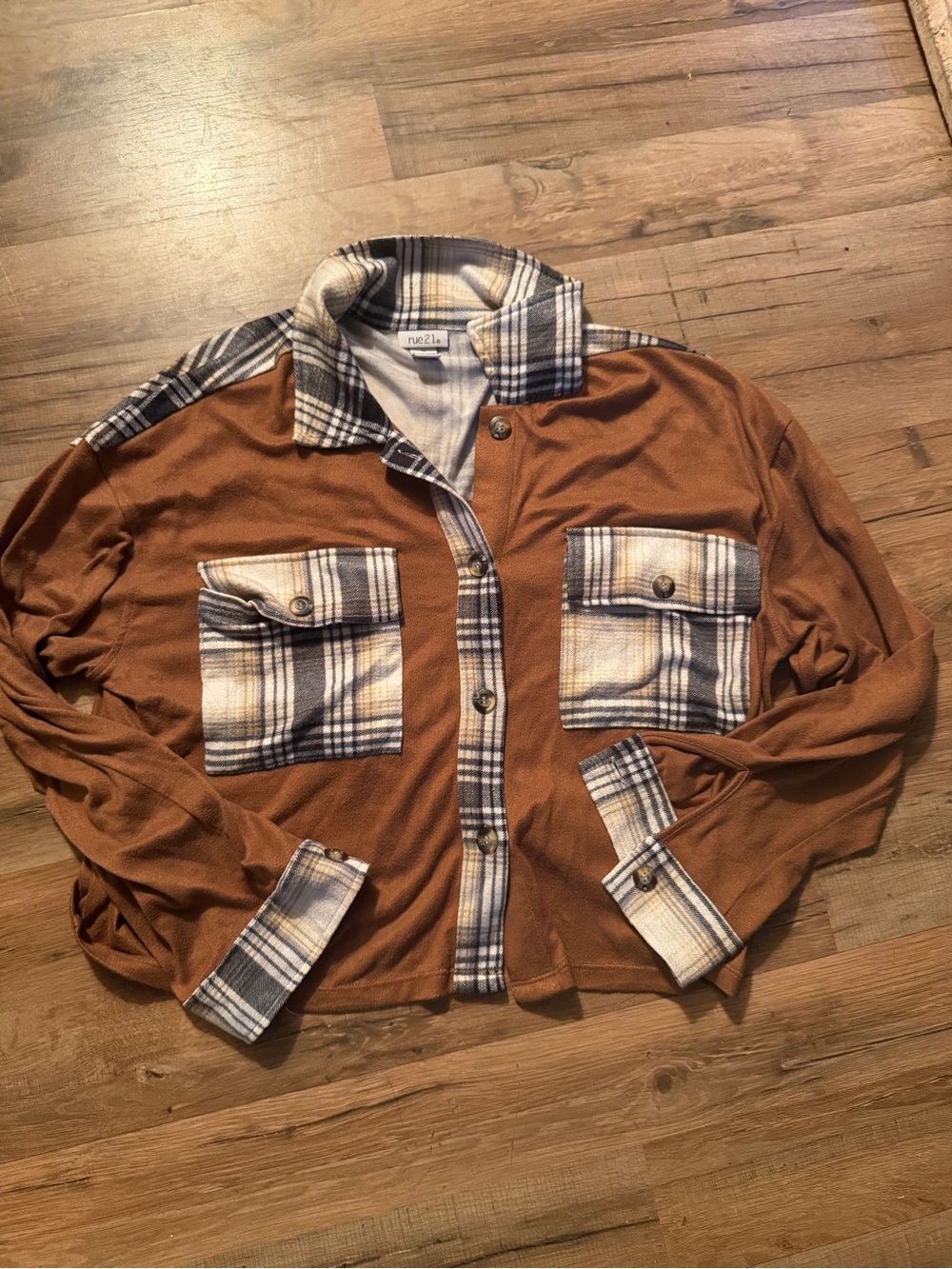 Rue21 Rust Brown Shirt Jacket with Blue & Cream Plaid Accents